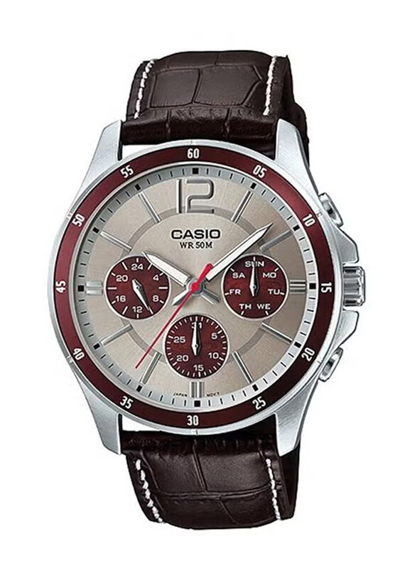 

Casio Analog Watch for Men with Leather Band, Water Resistant and Chronograph, MTP-1374L-7A1, Brown-Beige/Maroon