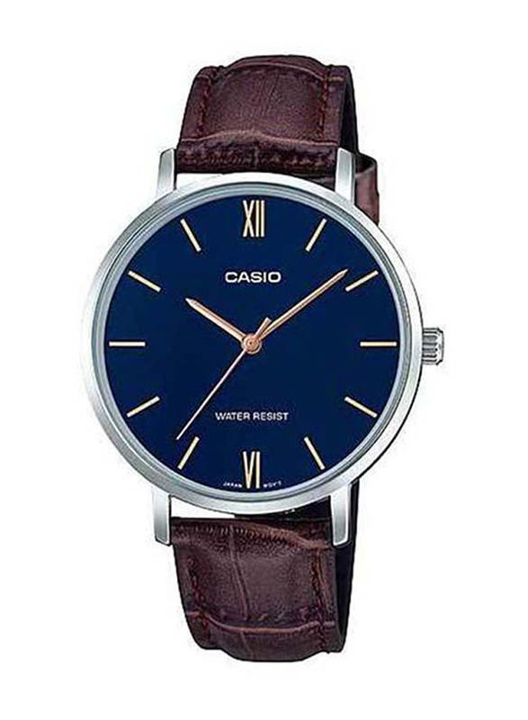 Casio Analog Wrist Watch for Women with Leather Band, Water Resistant, LTP-VT01L-2BUDF, Brown-Blue