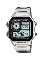 Casio Youth Digital Watch for Men with Stainless Steel Band, Water Resistant, AE1200WHD, Grey/Black-Silver