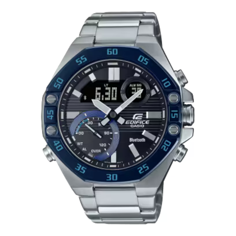 

Casio Analog/Digital Watch for Men with Stainless Steel Band, Water Resistant and Chronograph, ECB-10DB-1BDF, Silver-Blue