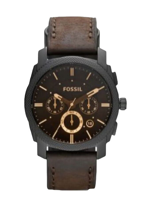 Fossil Analog Machine Wrist Watch for Men with Leather Band, Water Resistant and Chronograph, FS4656, Dark Brown-Brown