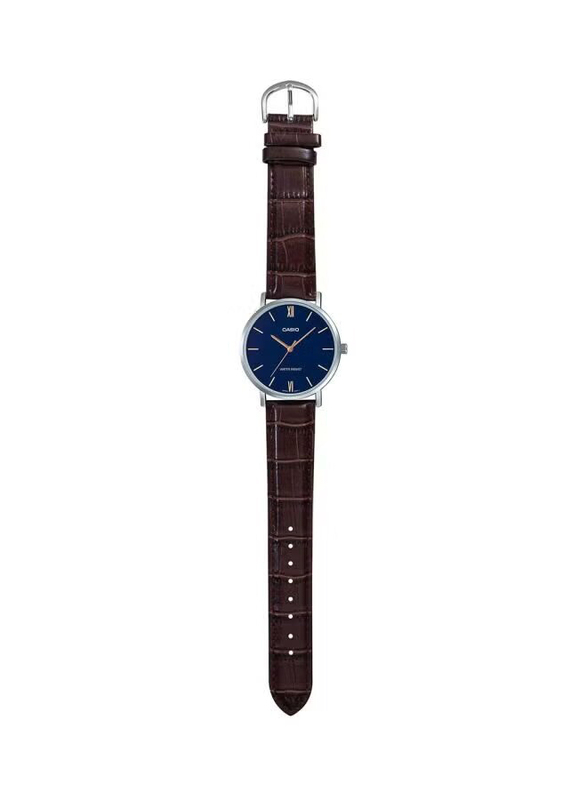 Casio Analog Watch for Men with Leather Band, Water Resistance, MTP-VT01L-2BUDF, Brown-Blue
