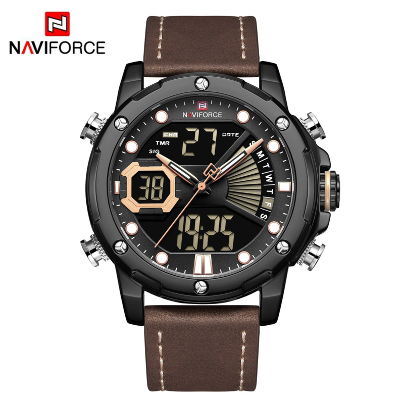 

Navi Force Analog/Digital Watch for Men with Leather Band, Water Resistant, 9172l, Dark Brown-Black