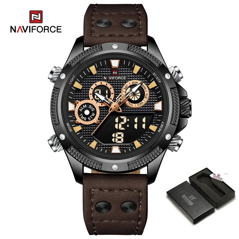 

Naviforce Analog/Digital Watch for Men with Leather Genuine Band, Water Resistant and Chronograph, 9224, Brown-Black