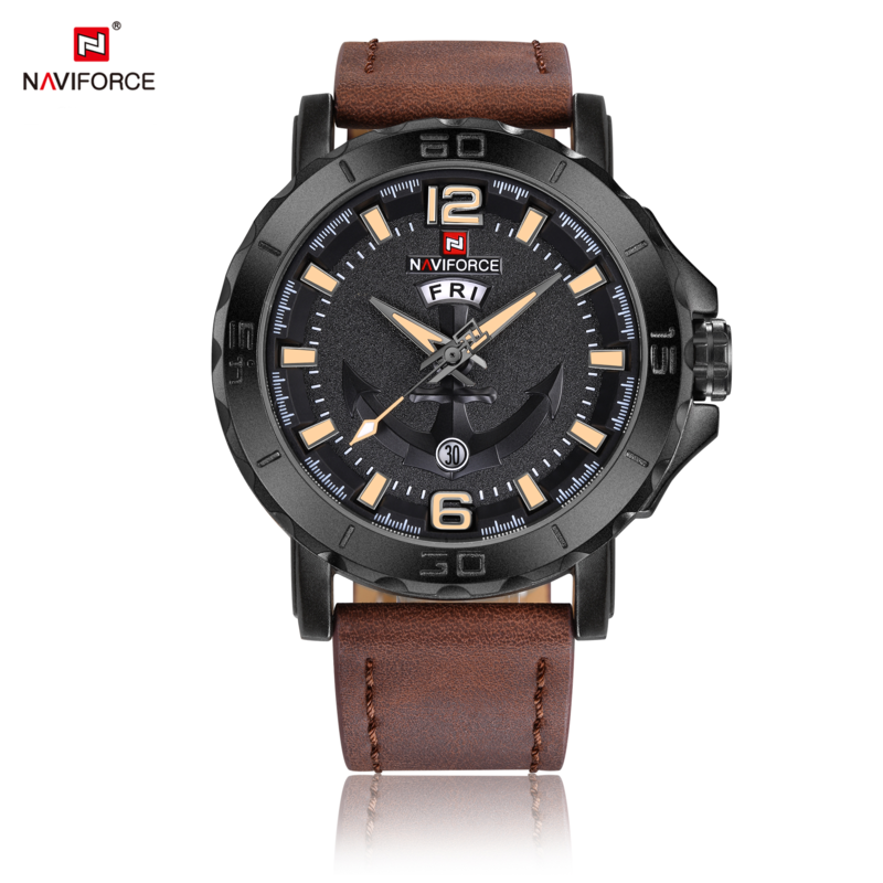 

Naviforce Analog Watch for Men with Leather Band, Water Resistant, NF9122, Brown-Black