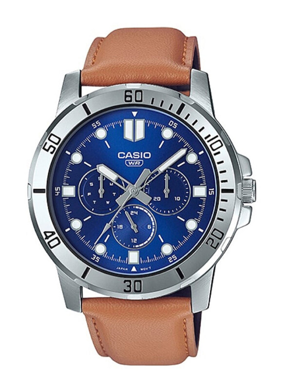 

Casio Dress Analog Wrist Watch for Men with Leather Band, Water Resistant and Chronograph, MTP-VD300L-2EUDF, Brown-Blue