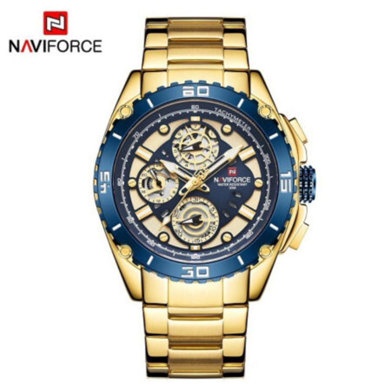 

Navi Force Analog Watch for Men with Stainless Steel Band, Water Resistant and Chronograph, 9179, Gold-Multicolour