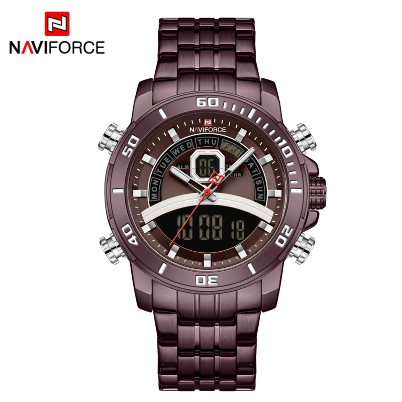 

Navi Force Analog/Digital Watch for Men with Stainless Steel Band, Water Resistant and Chronograph, 9181, Dark Brown-Dark Brown