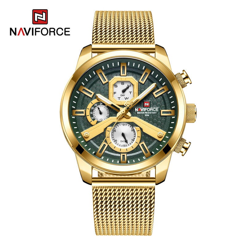 

Naviforce Analog Watch for Men with Stainless Steel Band, Water Resistant and Chronograph, NF9211S, Gold-Grey