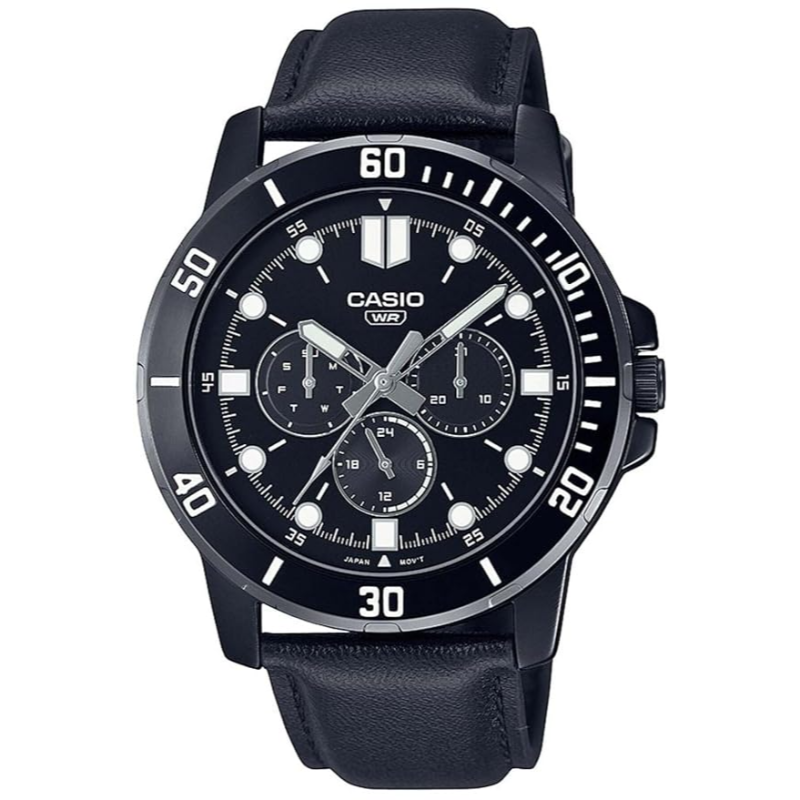 

Casio Standard Analog Watch for Men with Leather Band, Water Resistant and Chronograph, MTP-VD300BL-1EUDF, Black-Black