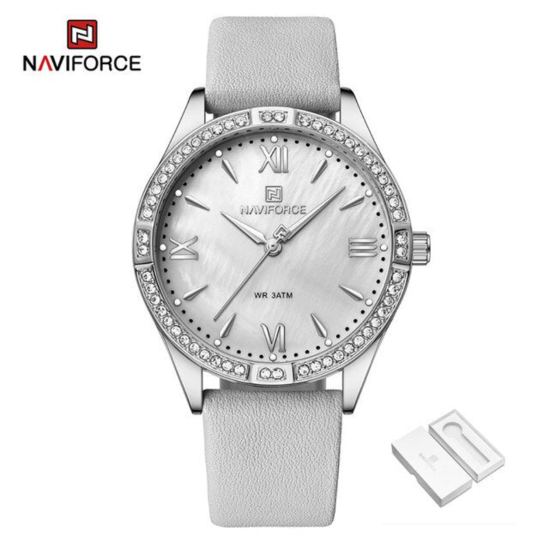 

Naviforce Luxury Analog Watch for Women with Leather Band, Water Resistant, NF5038, Grey-SIlver