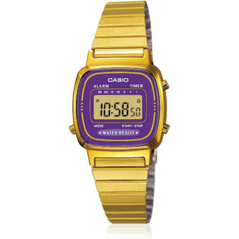 

Casio Vintage Series Digital Watch for Women with Stainless Steel Band, Water Resistant, LA670WGA-6SDF, Gold-Purple