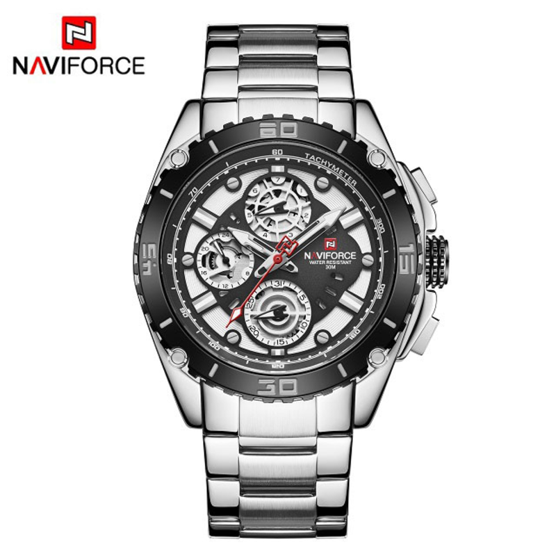 

Navi Force Analog Watch for Men with Stainless Steel Band, Water Resistant and Chronograph, 9179, Silver-Multicolour