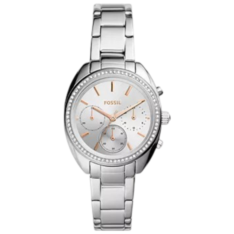 Fossil Vale Analog Watch for Women with Stainless Steel Band, Water Resistant and Chronograph, BQ3657, Silver-Silver