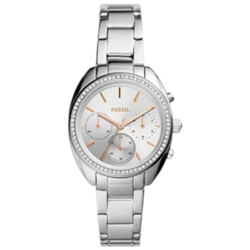 Fossil Vale Analog Watch for Women with Stainless Steel Band, Water Resistant and Chronograph, BQ3657, Silver-Silver