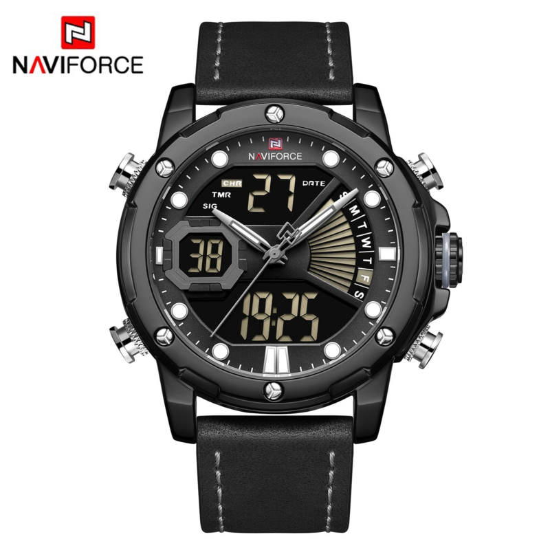 

Navi Force Analog/Digital Watch for Men with Leather Band, Water Resistant, 9172l, Black-Black