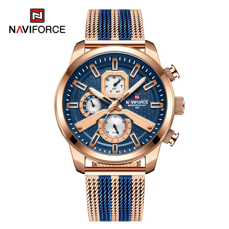 

Naviforce Analog Watch for Men with Stainless Steel Band, Water Resistant and Chronograph, NF9211S, Rose Gold/Blue-Blue