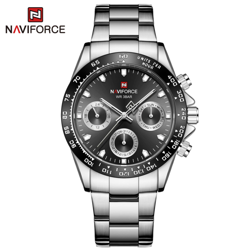 

Naviforce Analog Watch for Men with Stainless Steel Band, Water Resistant and Chronograph, NF9193, Silver-Black