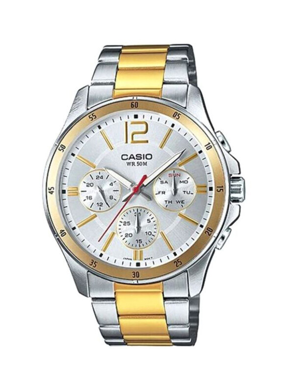 

Casio Enticer Analog Watch for Men with Stainless Steel Band, Water Resistant and Chronograph, MTP-1374SG-7A, Silver/Gold-Silver