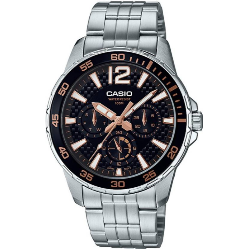 

Casio Analog Watch for Men with Stainless Steel Band, Water Resistant and Chronograph, MTD-330D-1A3VDF, Silver-Black