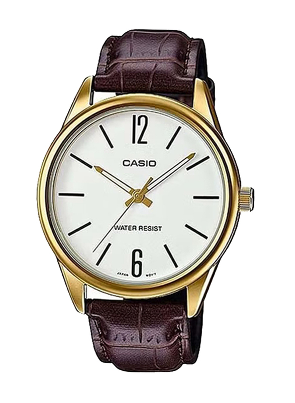 Casio Analog Watch for Men with Leather Band, Water Resistant, MTP-V005GL-7BUDF, Brown-White