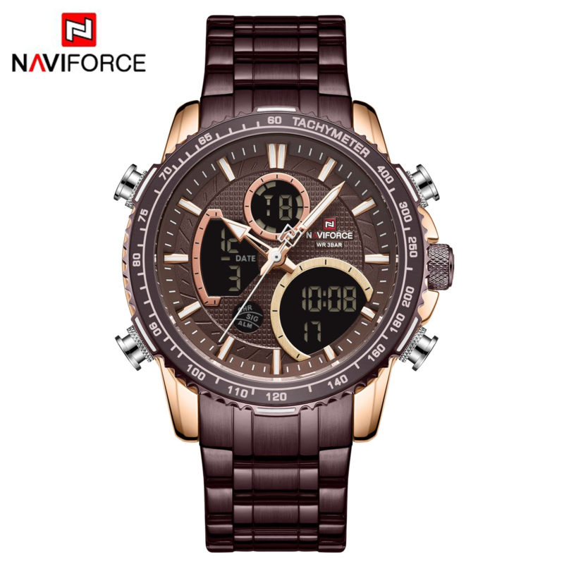 

Navi Force Analog Watch for Men with Stainless Steel Band, Water Resistant and Chronograph, 9182, Dark Brown-Dark Brown