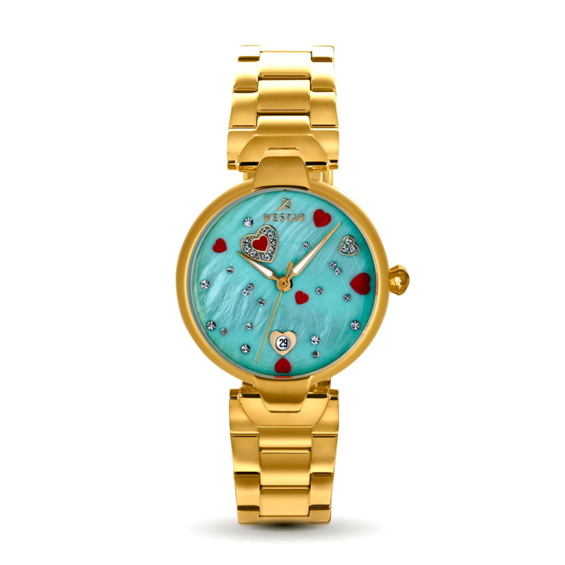 

Westar Analog Watch for Women with Stainless Steel Band, Water Resistant, 00164GPN114, Gold-Light Blue