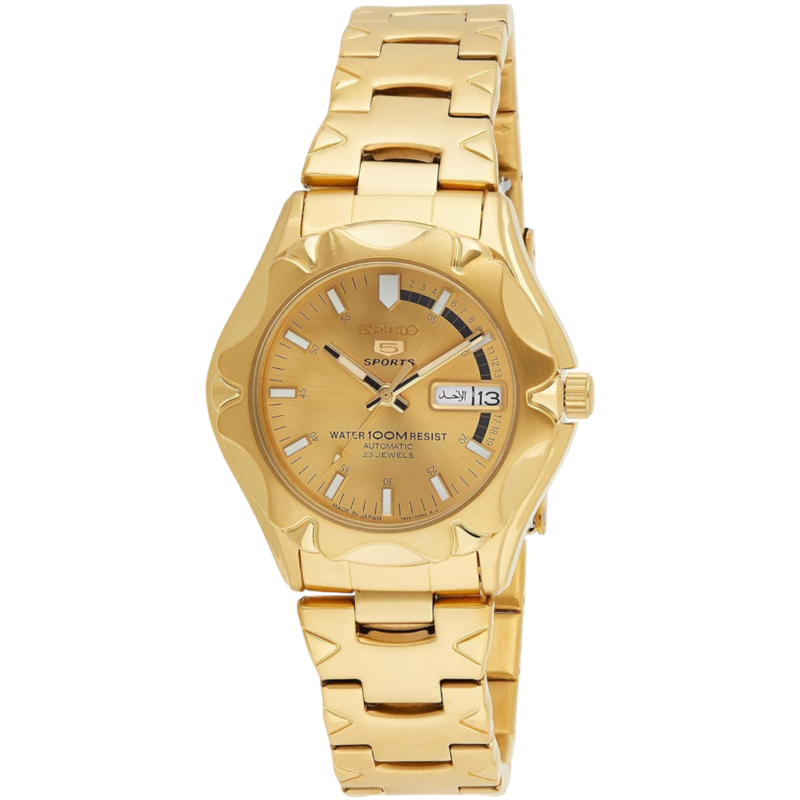 

Seiko Series 5 Analog Watch for Men with Stainless Steel Band, Water Resistant, SNZ450J1, Gold-Gold