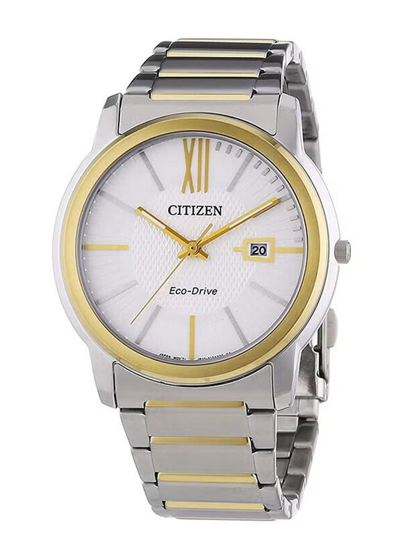 

Citizen Analog Watch for Men with Stainless Steel Band & Date Display, Water Resistant, AW1214-57A, Silver/Gold-White