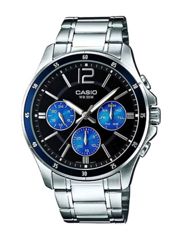 Casio Enticer Analog Watch for Men with Stainless Steel Band, Water Resistant and Chronograph, MTP-1374D-2A, Silver-Black/Blue