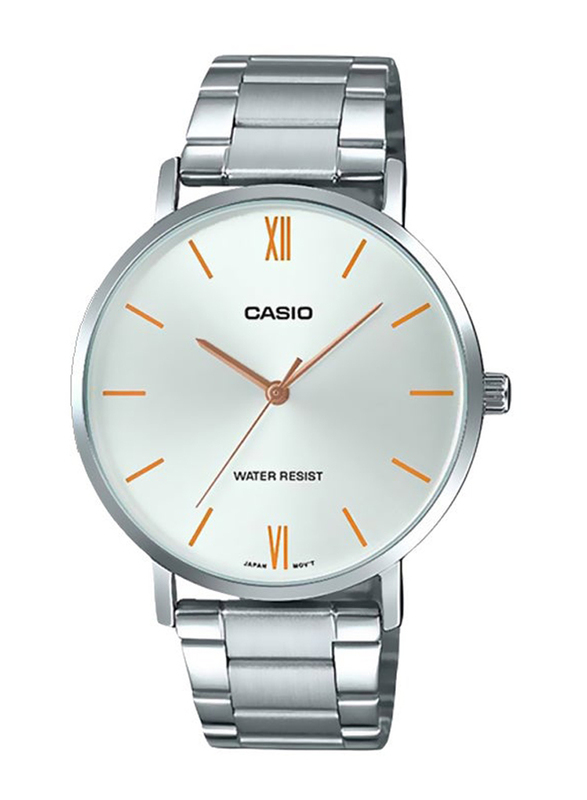 Casio Enticer Analog Watch for Men with Stainless Steel Band, Water Resistant, MTP-VT01D-7BUDF, Silver-White