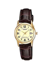 Casio Analog Watch for Women with Leather Band, Water Resistant, LTP V002GL - 9B, Gold-Brown