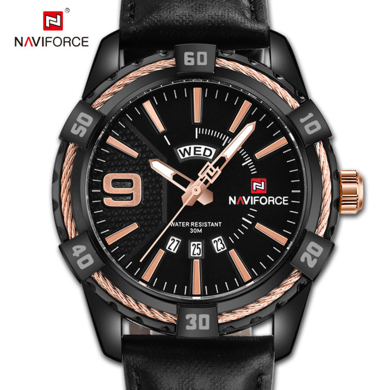 

Naviforce Analog Watch for Men with Leather Band, Water Resistant, NF9117L, Black-Multicolour