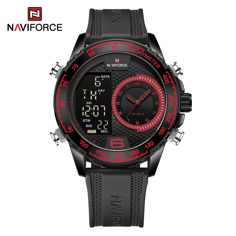 Naviforce Analog/Digital Watch for Men with Thermoplastic Polyurethane (TPU) Band, Water Resistant, NF9199T, Black-Red