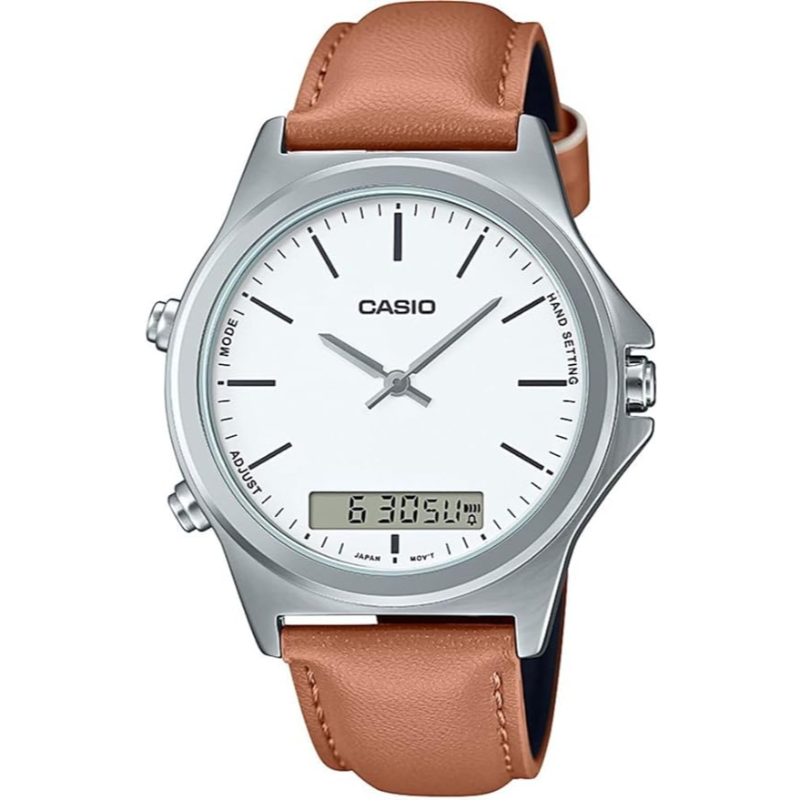 

Casio Enticer Analog/Digital Watch for Men with Leather Band, Water Resistant, MTP-VC01L-7EUDF, Beige-White