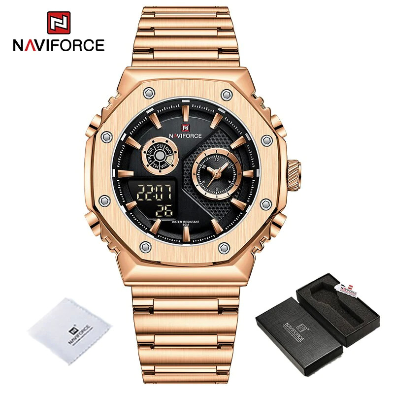 Naviforce Analog/Digital Watch for Men with Stainless Steel Band, Water Resistant, NF9216S, Rose Gold-Black