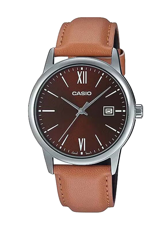 Casio Analog Watch for Men with Leather Band, MTP-V002L-5B3UDF, Brown-Red
