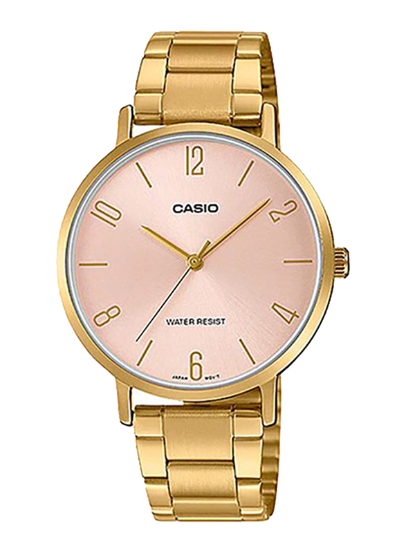 Casio Analog Watch for Women with Stainless Steel Band, Water Resistant, LTP-VT01G-4BUDF, Gold-Pink