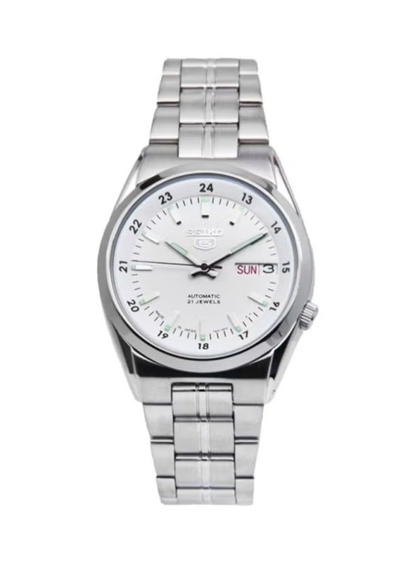 

Seiko 5 Automatic Analog Wrist Watch for Men with Stainless Steel Band, Water Resistant, SNK559, Silver-White