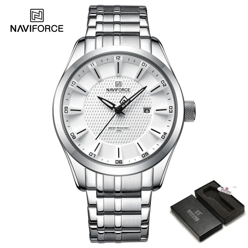 

Naviforce Analog Watch for Men with Stainless Steel Band, Water Resistant, 8032, Silver-White