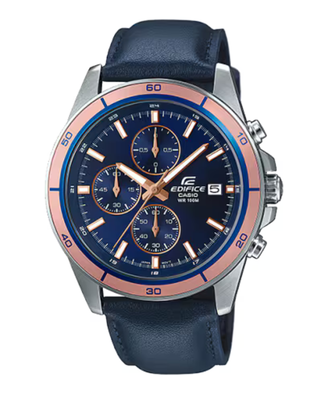 

Casio Edifice Analog Watch for Men with Leather Genuine Band, Water Resistant and Chronograph, EFR-526L-2AV, Blue-Blue