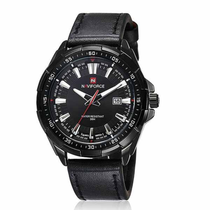 

Naviforce Analog Watch for Men with Leather Band, Water Resistant, NF9056, Black-Black