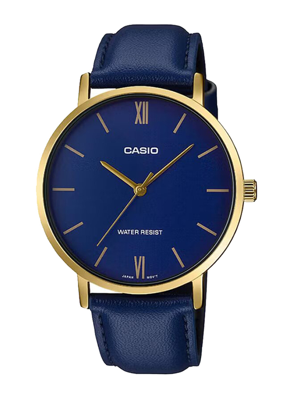 Casio Analog Watch for Men with Leather Band, Water Resistant, MTP-VT01GL-1B2UDF, Blue