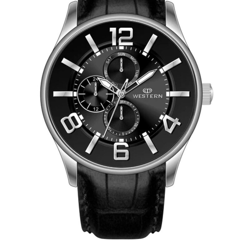 

Western Analog Watch for Men with Leather Band, Water Resistant and Chronograph, W1814GST070C, Black-Black