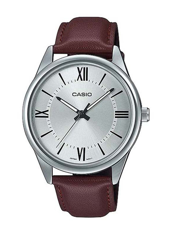 Casio Analog Watch for Men with Leather Band, Water Resistant, MTP-V005L-7B5UDF, Brown-Silver