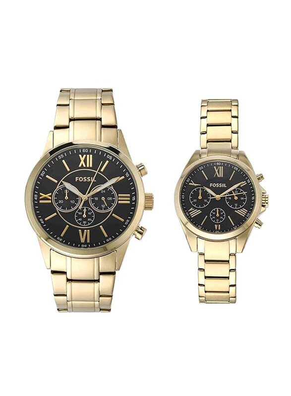 

Fossil His and Her Analog Unisex Couple Watches with Stainless Steel Band, Water Resistant and Chronograph, BQ2400SET, Gold-Black