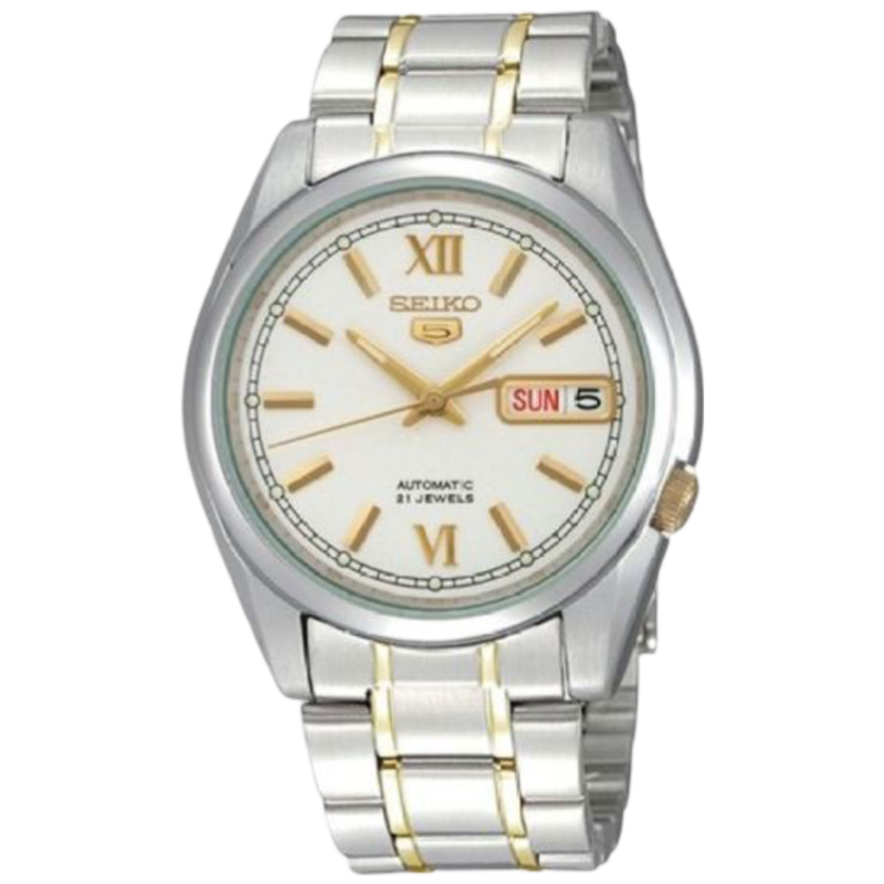 

Seiko Series 5 Analog Watch for Men with Stainless Steel Band, Water Resistant, SNKL57K1, Silver/gold-White
