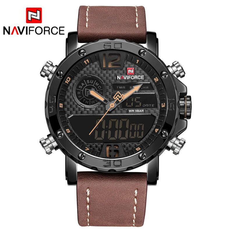 

Naviforce Analog/Digital Watch for Men with Leather Genuine Band, Water Resistant, NF9134, Brown-Black