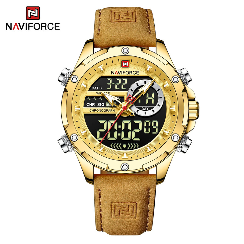 Naviforce Analog/Digital Watch for Men with Leather Genuine Band, Water Resistant, NF9208, Brown-Gold