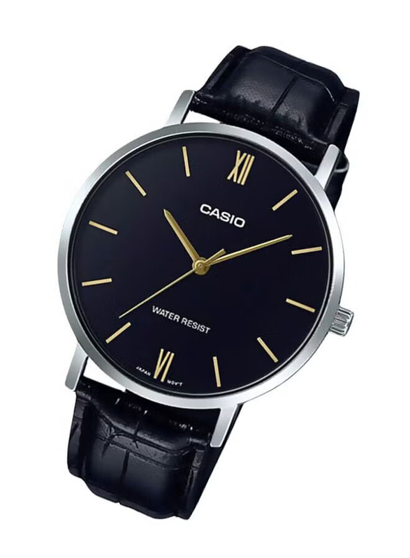 Casio Enticer Series Analog Watch for Men with Leather Band, Water Resistant, MTP-VT01L-1BUDF, Black-Black